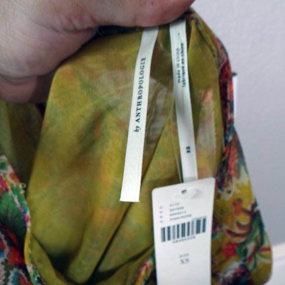 Anthropologie Gretchen V Neck Smocked Mesh Top Yellow Sheer Floral Blouse XS New - Picture 11 of 11